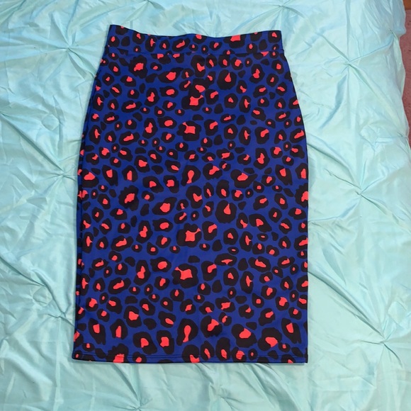 NWOT Large Blue & Orange Leopard Bodycon Midi Skirt - Picture 2 of 11